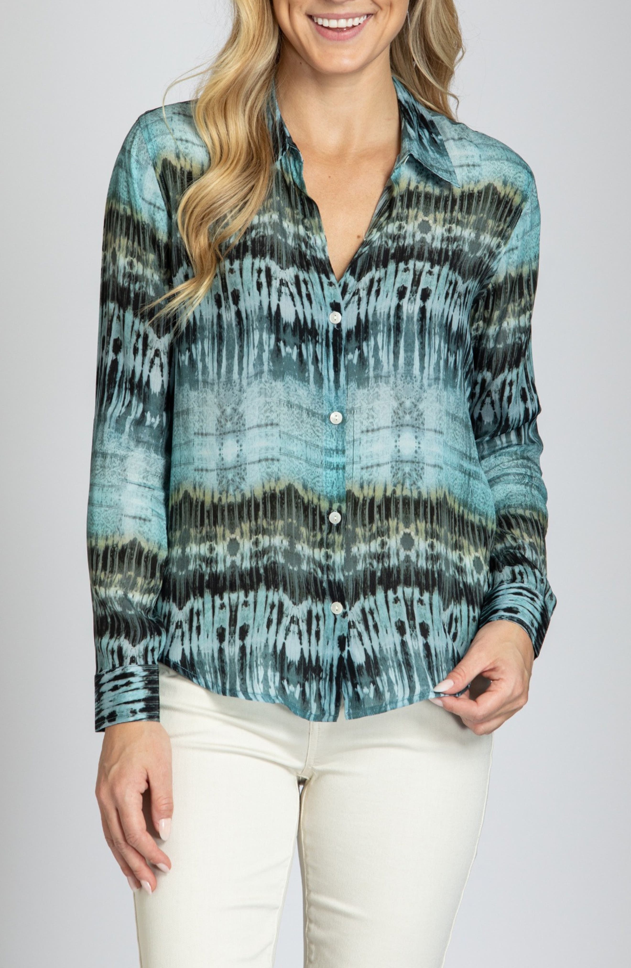 Abstract Print Roll Tab Sleeve Button-Up Shirt