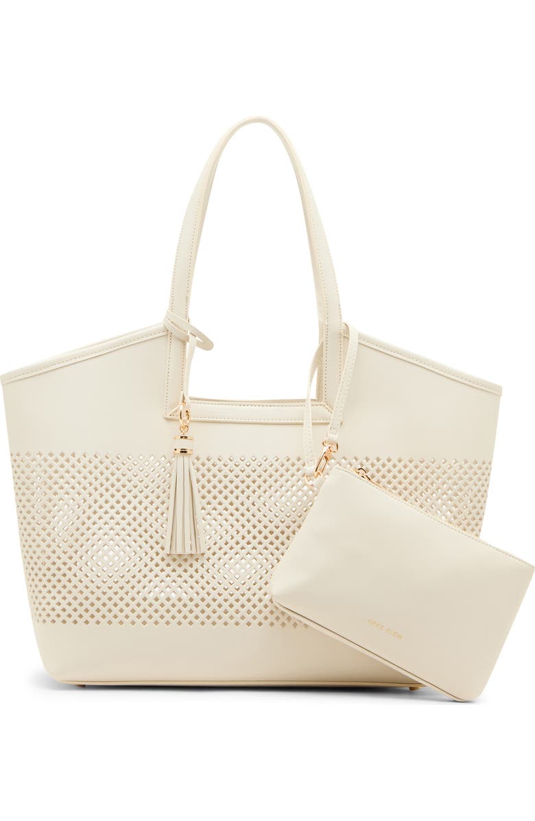 Anne Klein Large Perforated Tote Bag, Alternate, color, Parchment/ Metallic Gold