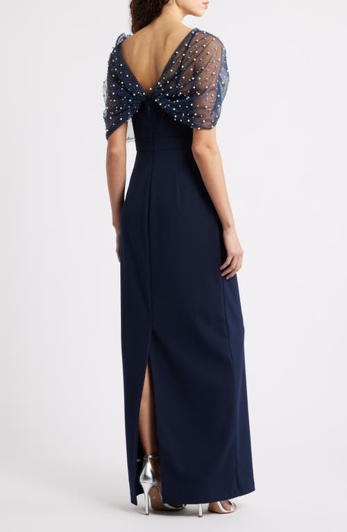 Eliza J Faux Pearl Mesh Detail Gown In Blue