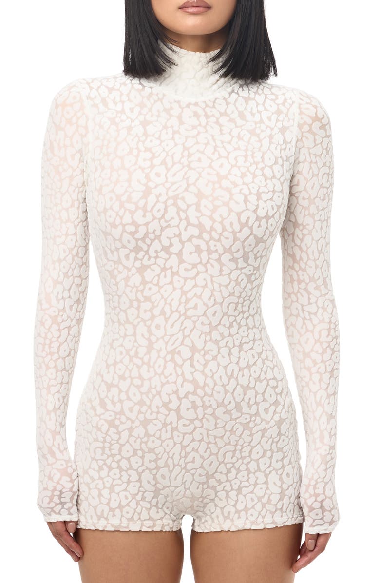 Naked Wardrobe Burnout Mock Neck Long Sleeve Romper, Alternate, color, Leopard White