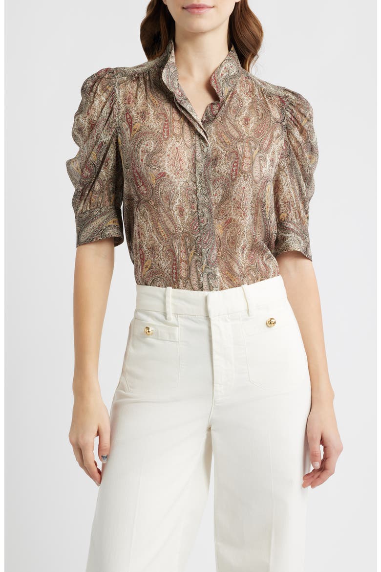 The Gillian Paisley Puff Sleeve Silk Shirt, Main, color, ECRU MULTI