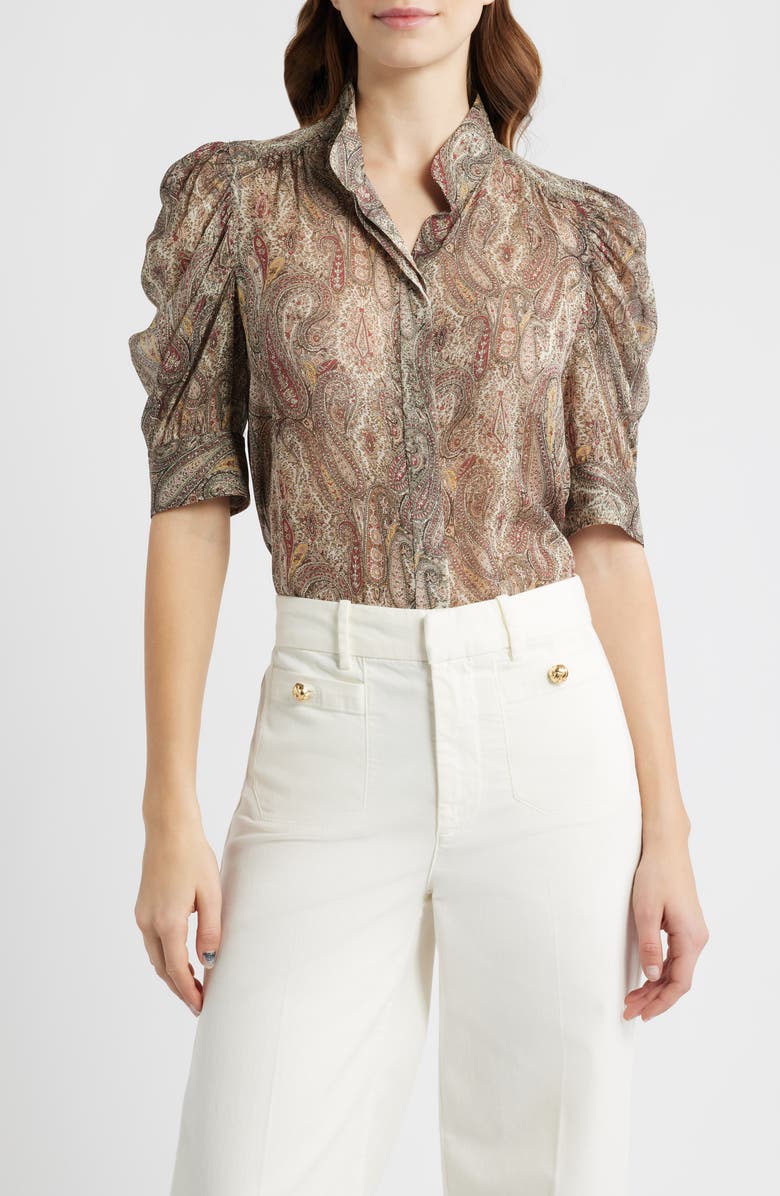 FRAME The Gillian Paisley Puff Sleeve Silk Shirt, Main, color, Ecru Multi