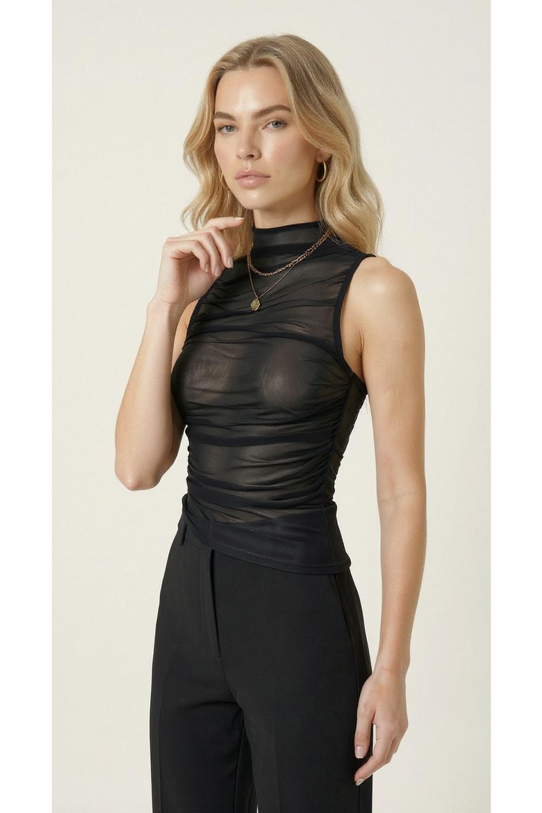 Ruched Sheer Mock Neck Top, Alternate, color, Black