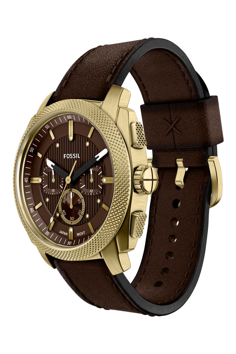 Machine Chronograph Goldtone Leather Strap Watch, 44mm, Alternate, color, BROWN