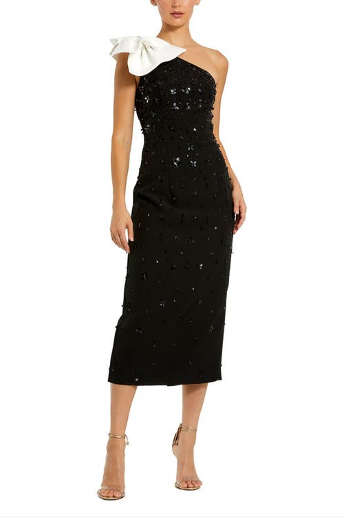 Mac Duggal Beaded Crepe One Shoulder Midi Dress With Bow In Black