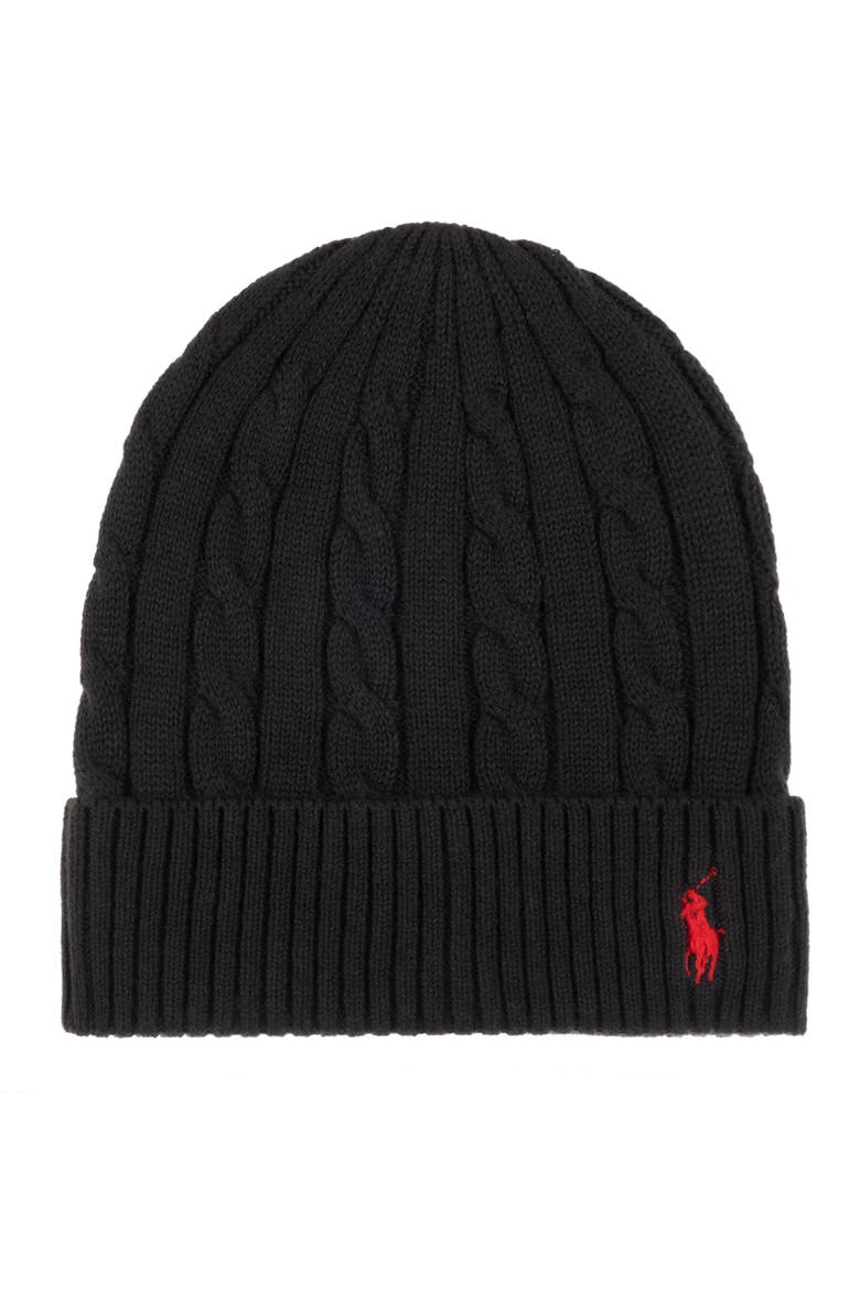 Cotton Cashmere Cable Beanie, Main, color, Polo Black