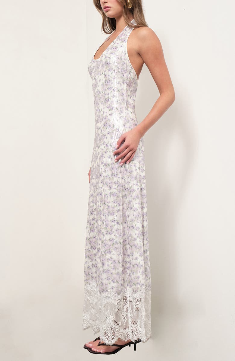 MAUDE CLUB Apollo Floral Sequin Halter Neck Dress, Alternate, color, Lilac Bellflower Sequins