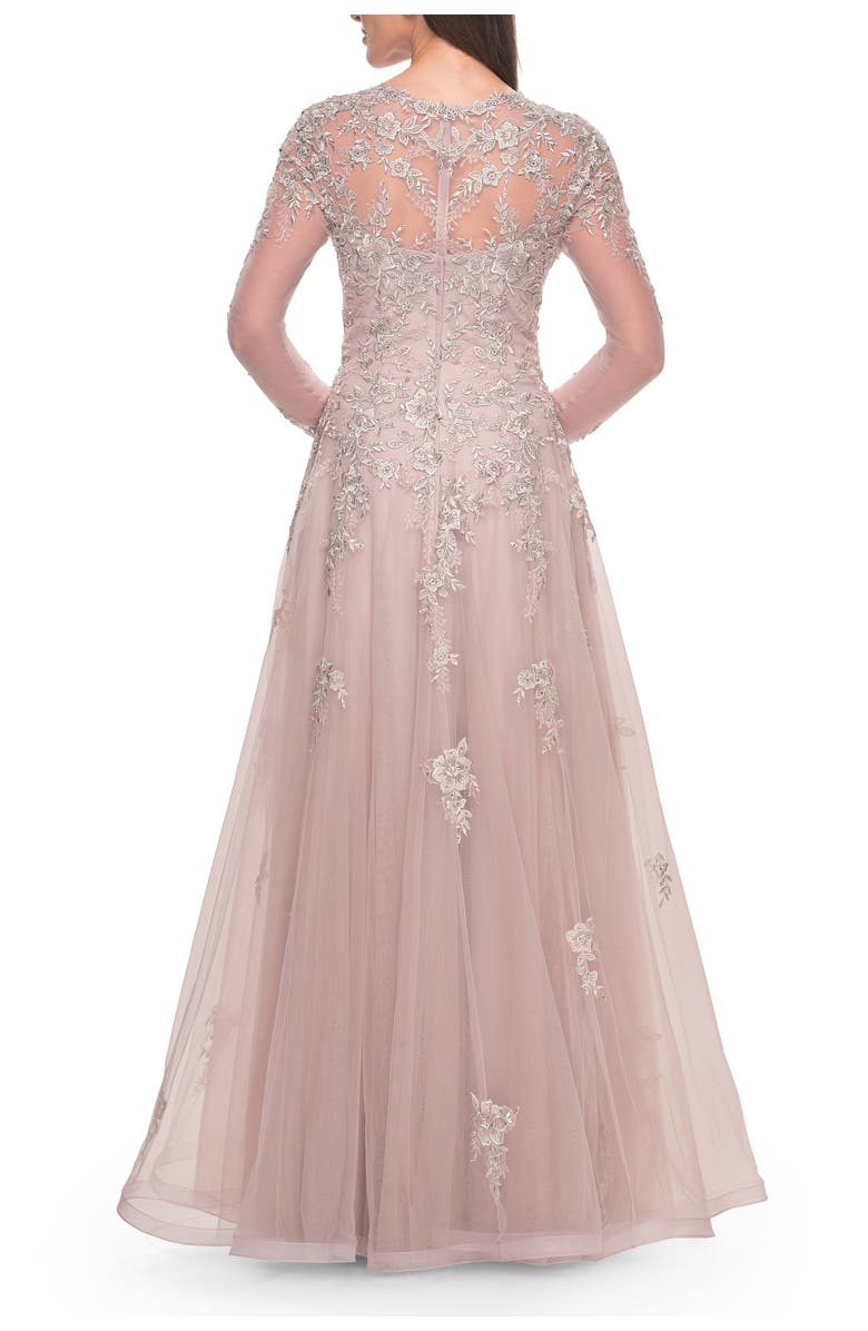 La Femme Beautiful A-line Tulle and Lace Long Sleeve Gown, Alternate, color, Dusty Mauve
