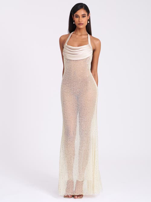 Miss Circle Women Zahya Lime Halter Backless Beaded Mesh Gown In White