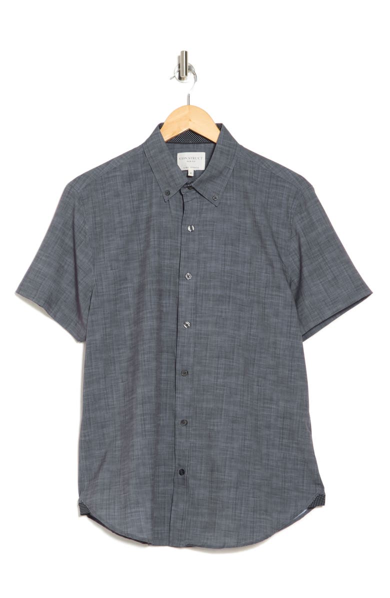 CONSTRUCT Chambray Short Sleeve Stretch Button-Down Shirt, Alternate, color, Charcoal