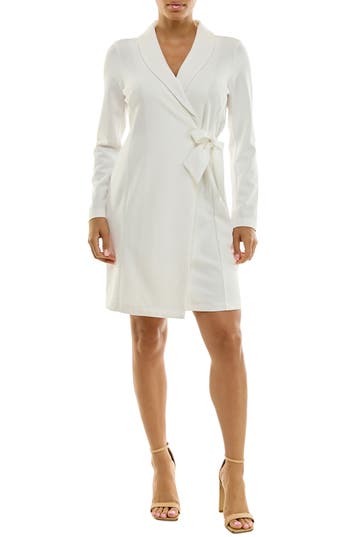 Nina Leonard Long Sleeve Wrap Blazer Dress In White