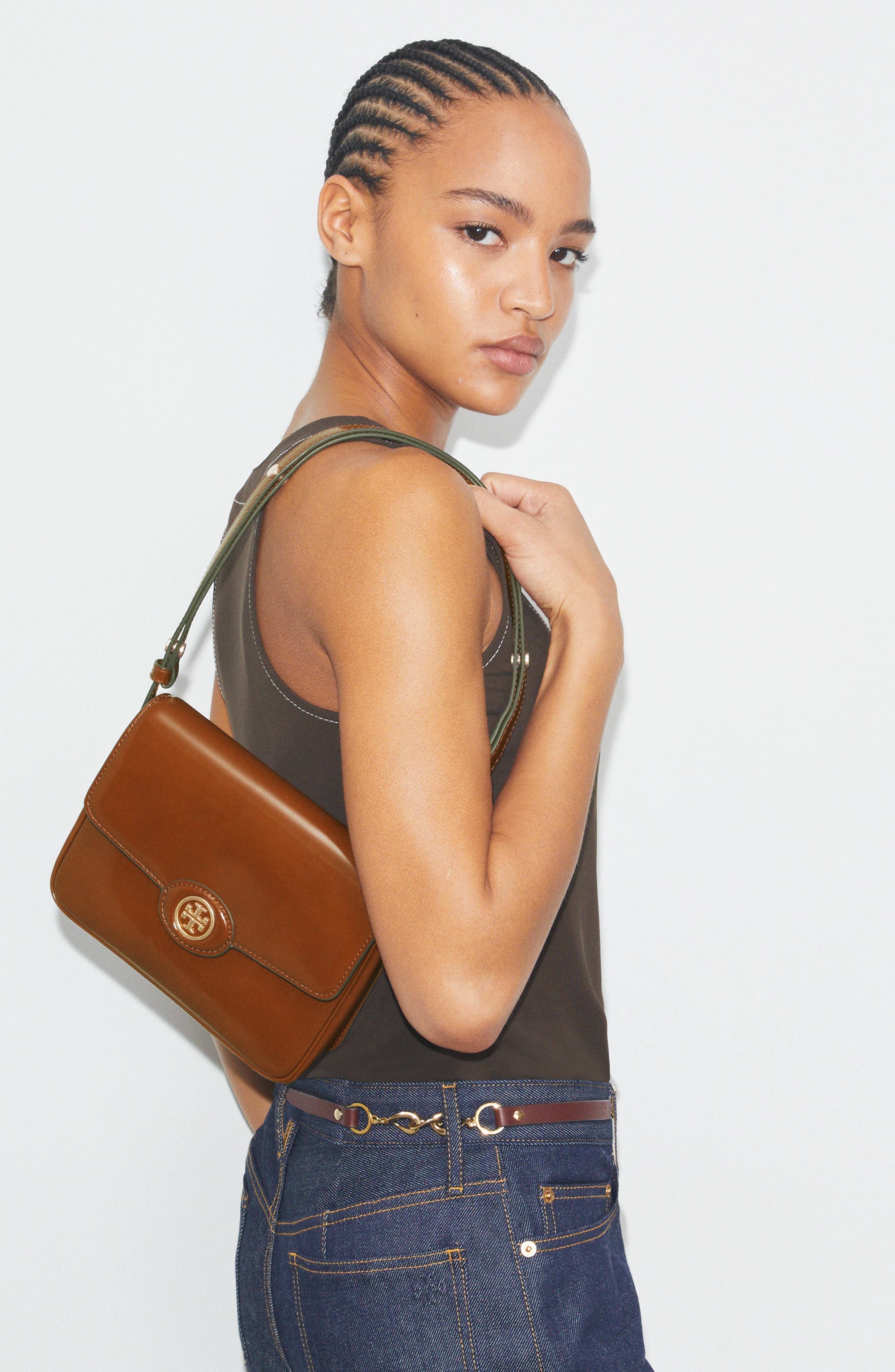 Tory Burch Robinson Spazzolato Leather Shoulder Bag, Alternate, color, Dark Sienna