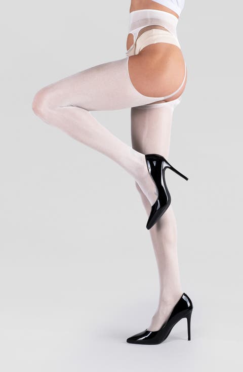 Lustrous Silky Shiny Sheer Suspender Crotchless Tights