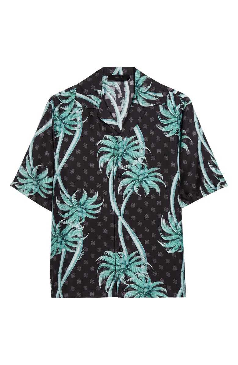 AMIRI Palm Logo Silk Camp Shirt, Alternate, color, Black