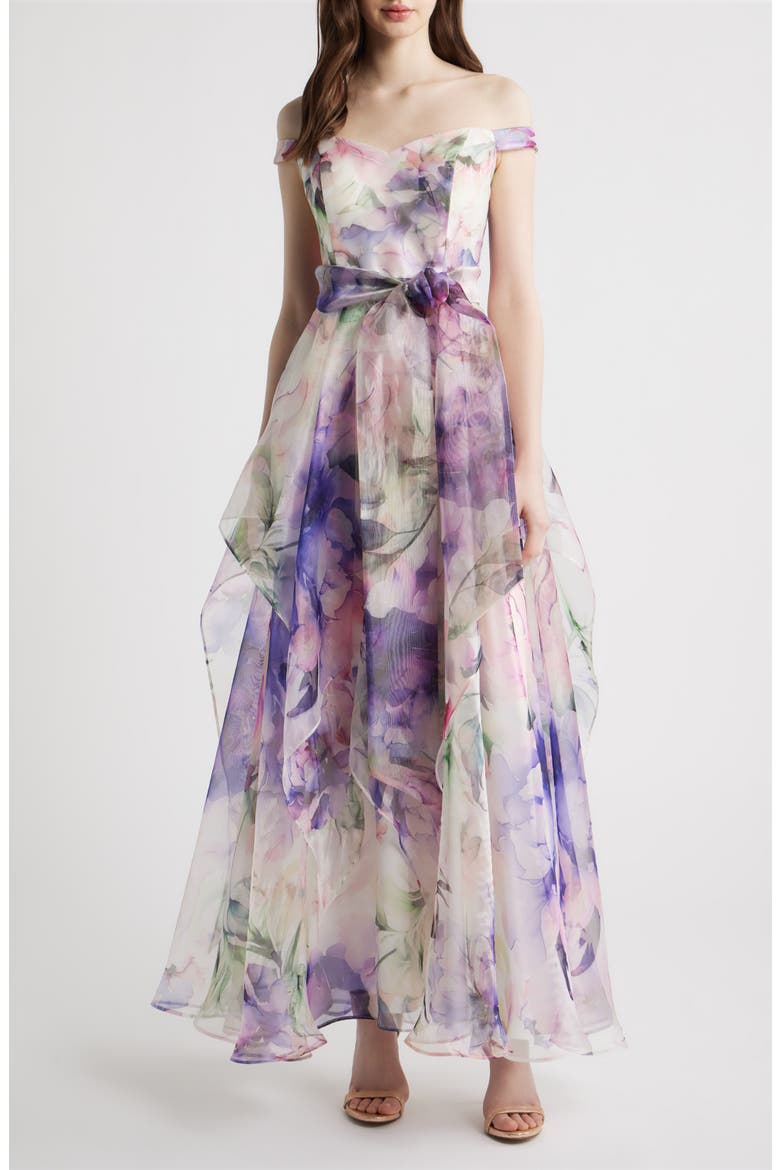 Floral Off the Shoulder Ballgown, Main, color, PURPLE MULTI