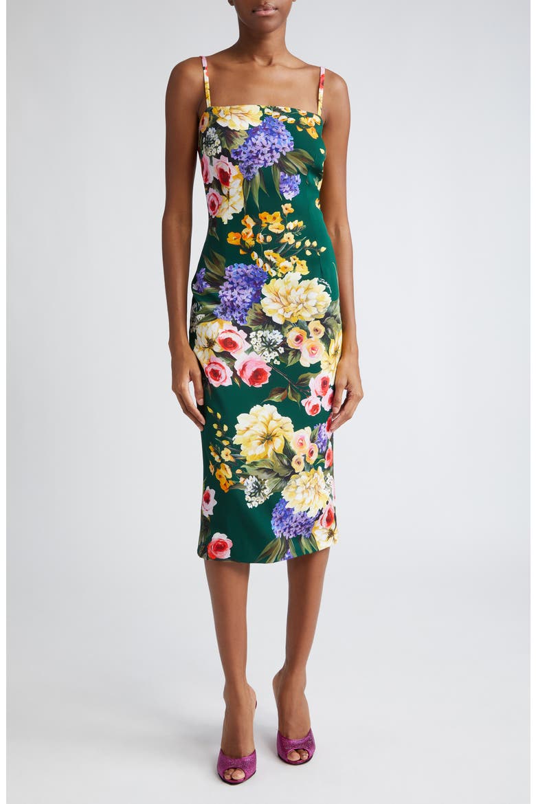 Floral Print Charmeuse Sheath Dress, Main, color, HV4YBGIARDINO FDO VERDE