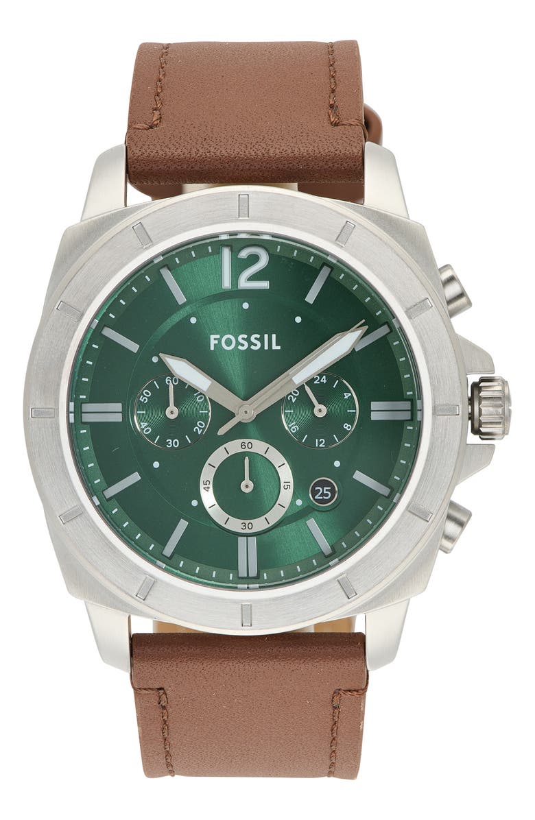 Fossil Privateer Chronograph Leather Strap Watch, 45mm, Main, color, Silver