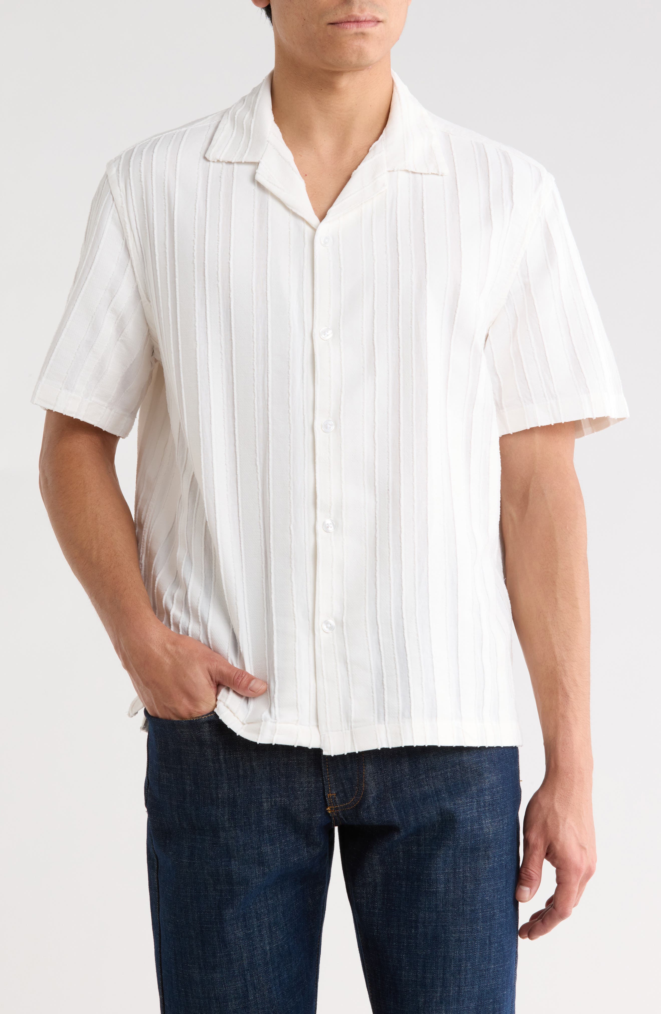 DENIM AND FLOWER Vertical Textured Stripe Camp Shirt