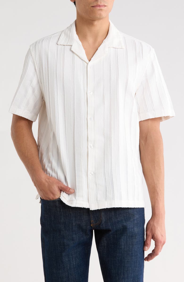 DENIM AND FLOWER Vertical Textured Stripe Camp Shirt, Main, color, White