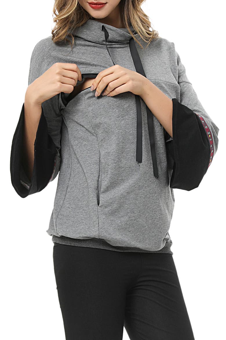 Layla Cowl Neck Maternity/Nursing Hoodie, Alternate, color, GREY