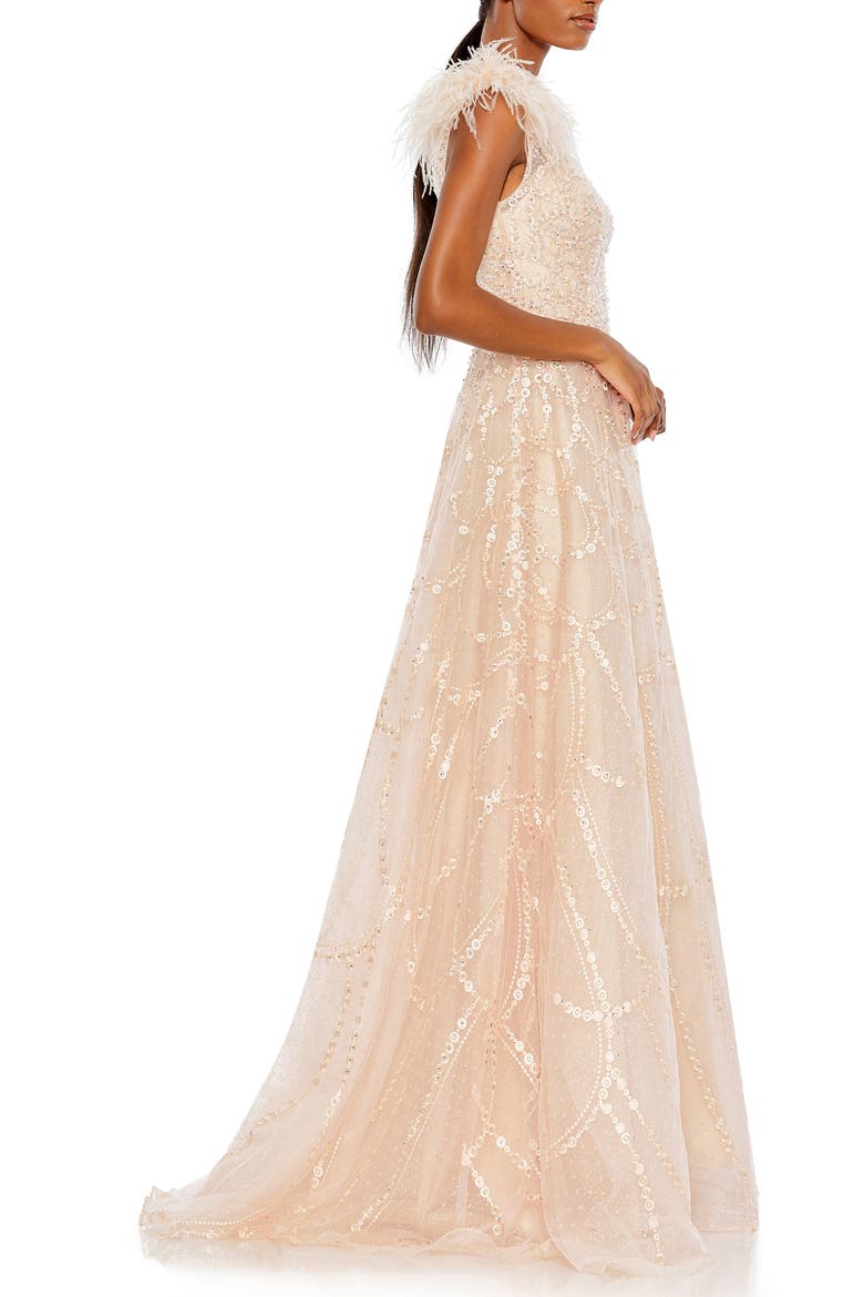 Embellished One-Shoulder A-Line Gown with Feather Accent, Alternate, color, PEACH