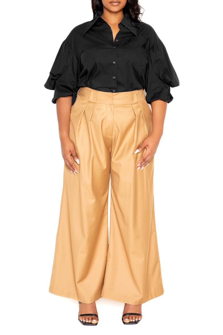 Puff Sleeve Cotton Blend Button-Up Shirt, Alternate, color, BLACK