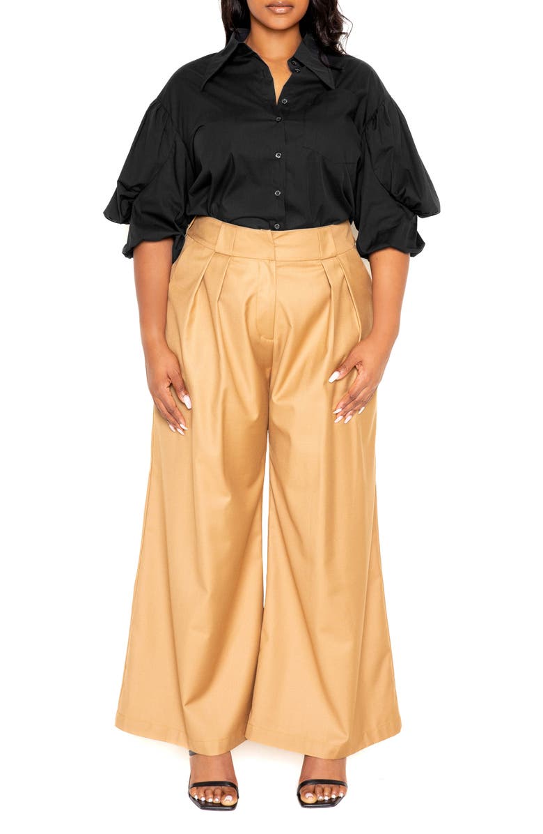 BUXOM COUTURE Puff Sleeve Cotton Blend Button-Up Shirt, Alternate, color,