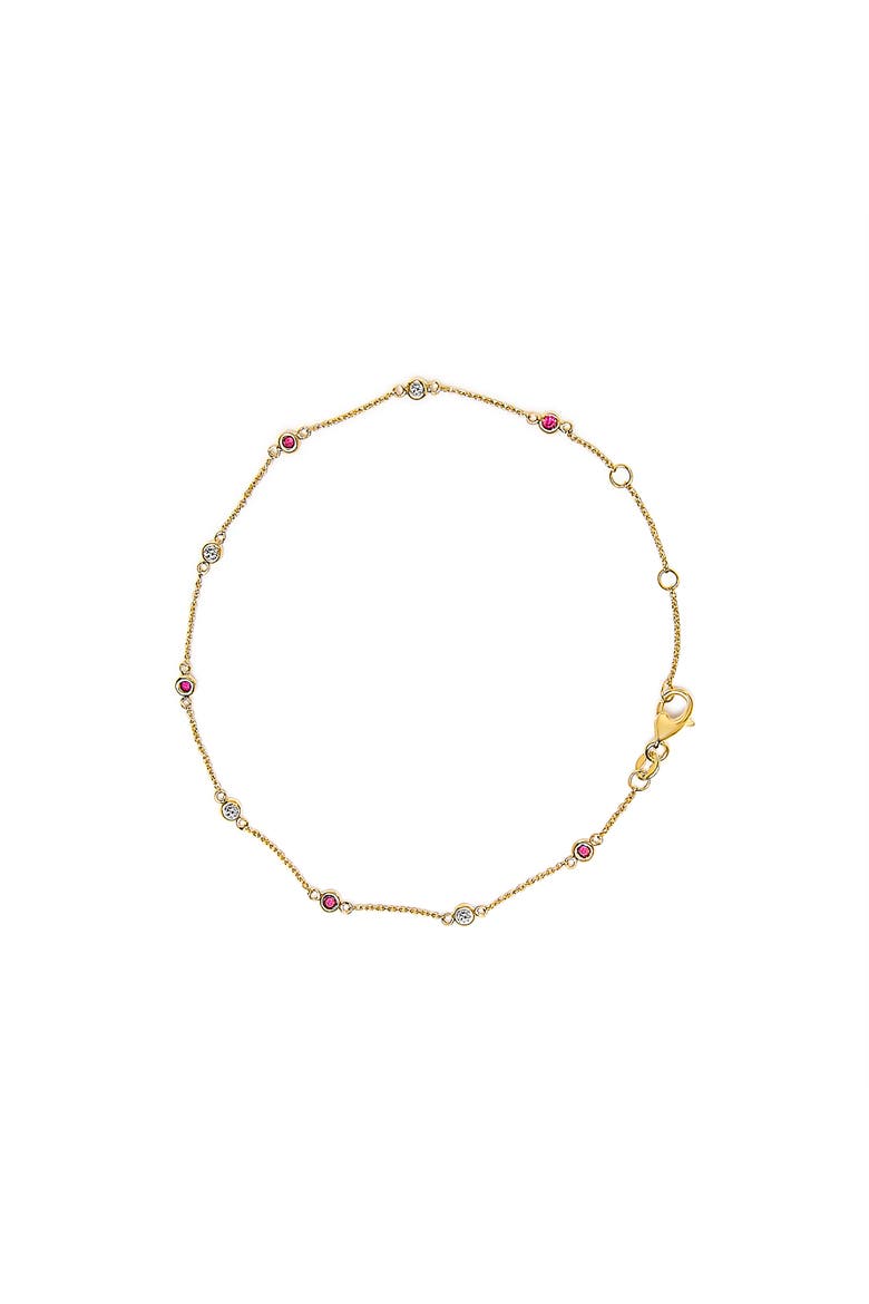 14K Yellow Gold Alternating Red Ruby and White Diamond Bezel Station Chain Bracelet, Main, color, Yellow