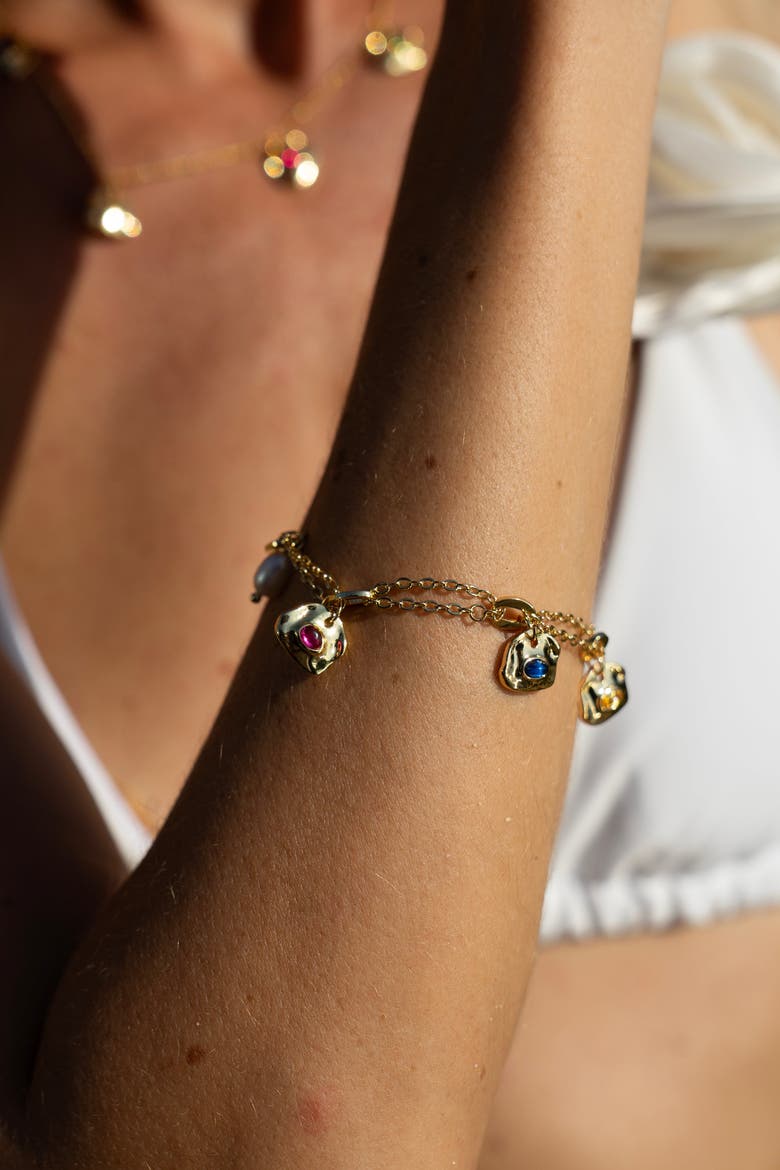 Iris Colored Cubic Zirconia and Freshwater Pearl Charms Bracelet, Alternate, color, Gold