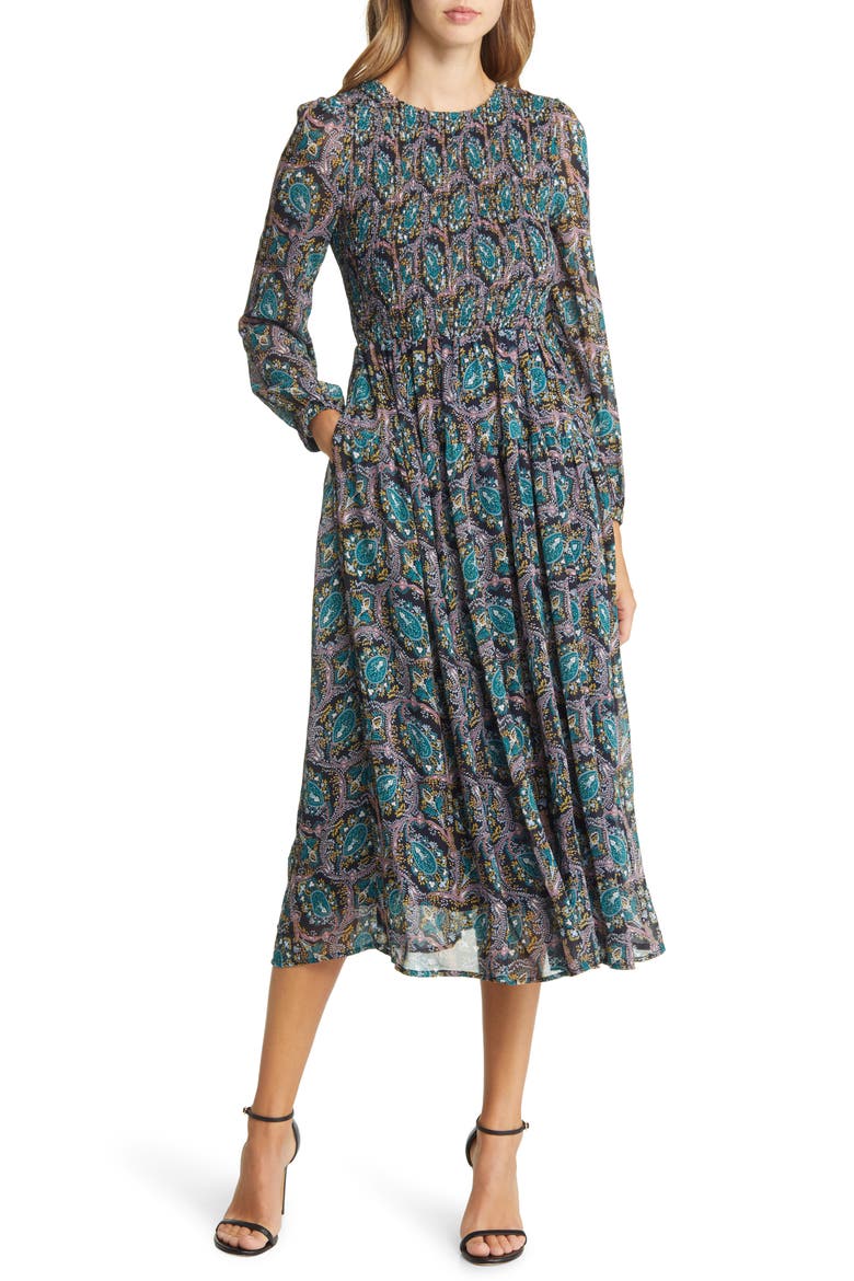 Paisley Smocked Long Sleeve Midi Dress, Main, color, BLACK/ TEAL PRINT