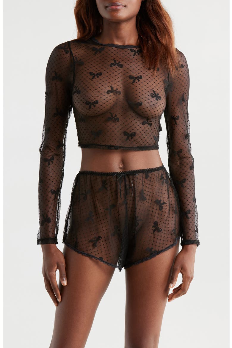 Bow Dotted Mesh Crop Top, Main, color, BLACK