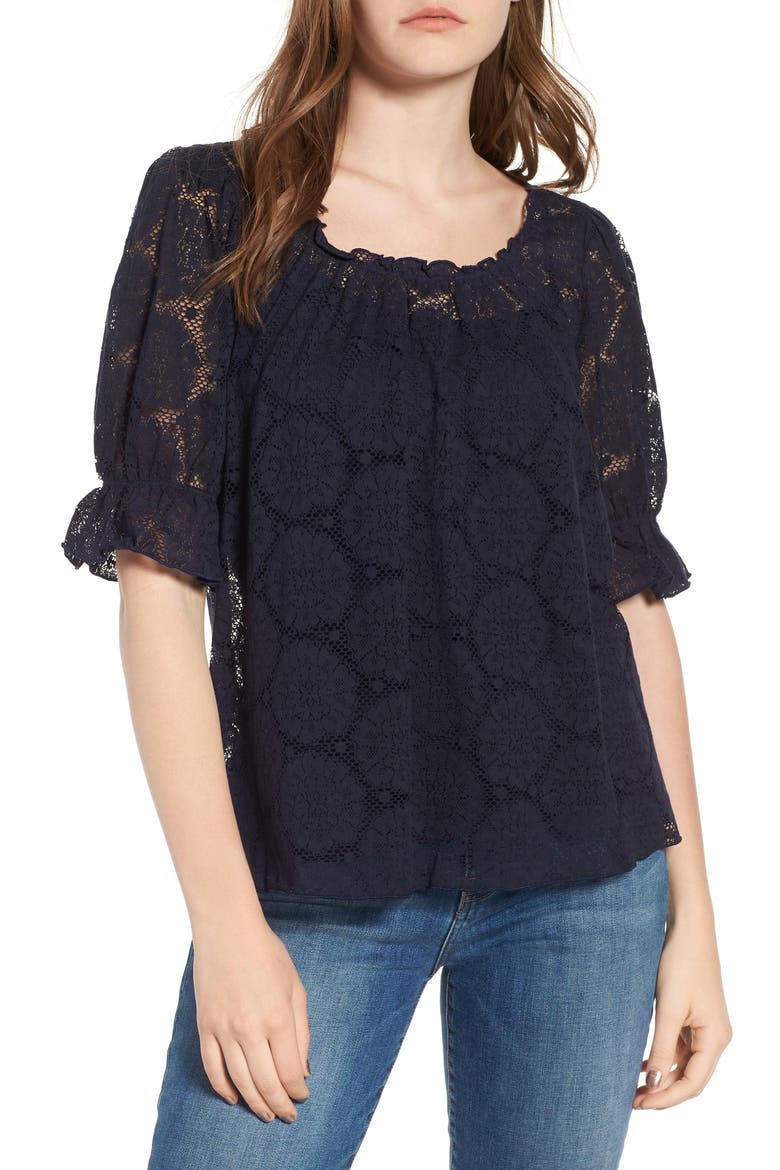Puff Sleeve Lace Top, Main, color, NAVY NIGHT