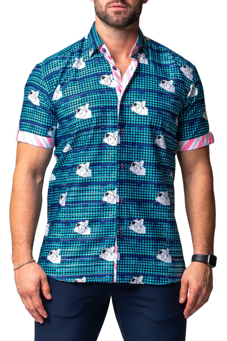 Galileo Dog Dream Regular Fit Short Sleeve Button-Up Shirt, Main, color, BLUE