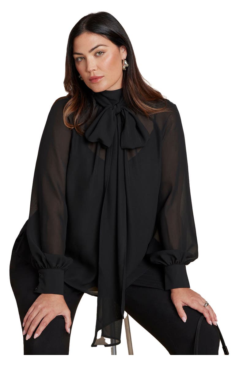 ELOQUII Sheer Neck Tie Blouse, Alternate, color, 