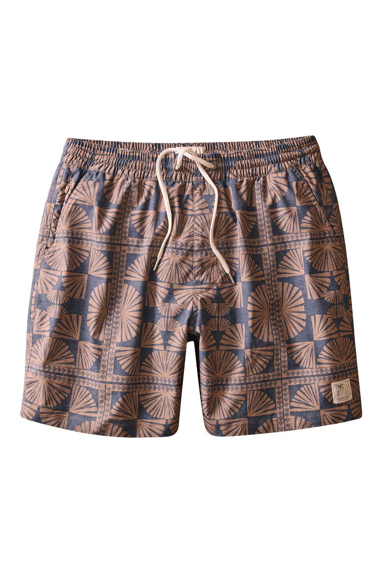 Geo Fan Print Lined Swim Trunks, Alternate, color, BROWN/ NAVY GEO FAN PRINT