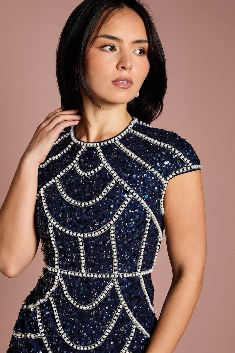 Petite Embellished Midi Dress, Alternate, color, Navy
