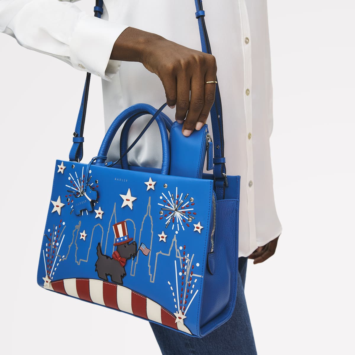 Radley Fireworks And Stripes Medium Ziptop Satchel Bag, Alternate, color, Cobalt