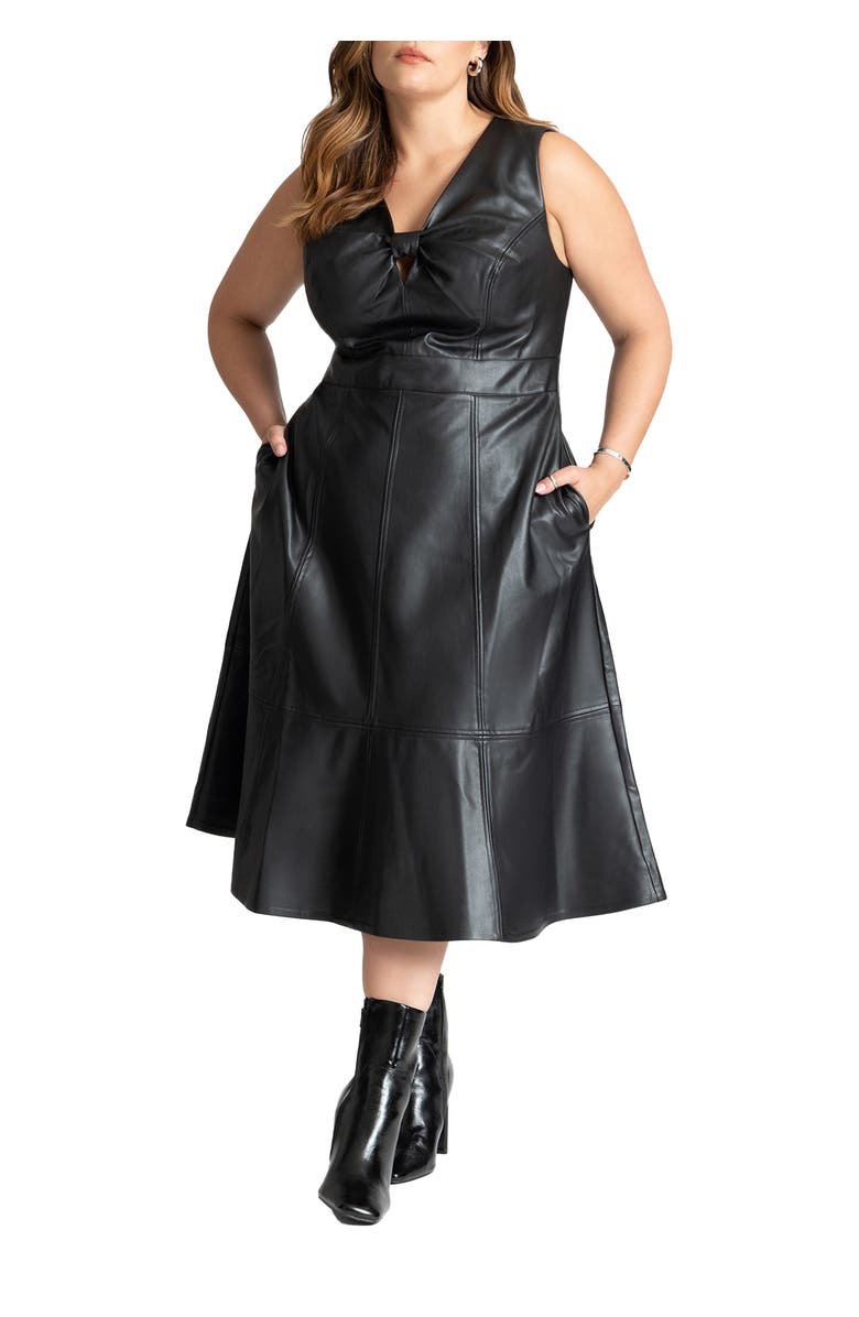 ELOQUII Faux Leather Knot Detail Flare Dress, Main, color, Black Onyx