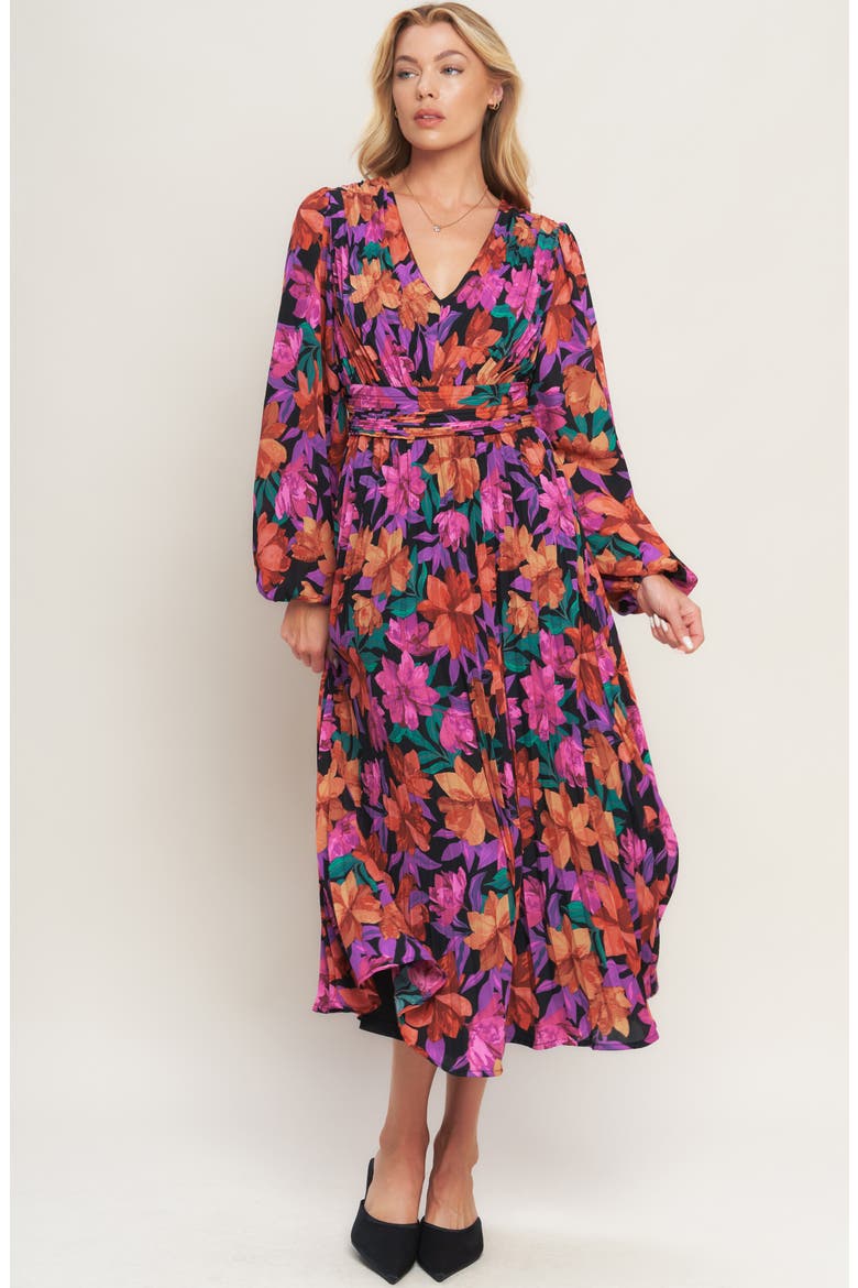 Floral Billowy Sleeve Midi Dress, Alternate, color, BLACK/ RED MULTI