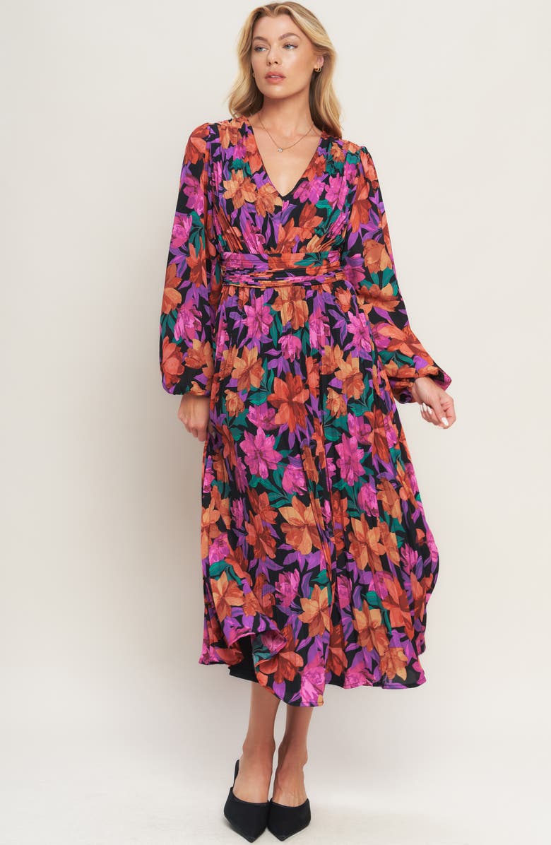 FLYING TOMATO Floral Billowy Sleeve Midi Dress, Alternate, color, Black/ Red Multi