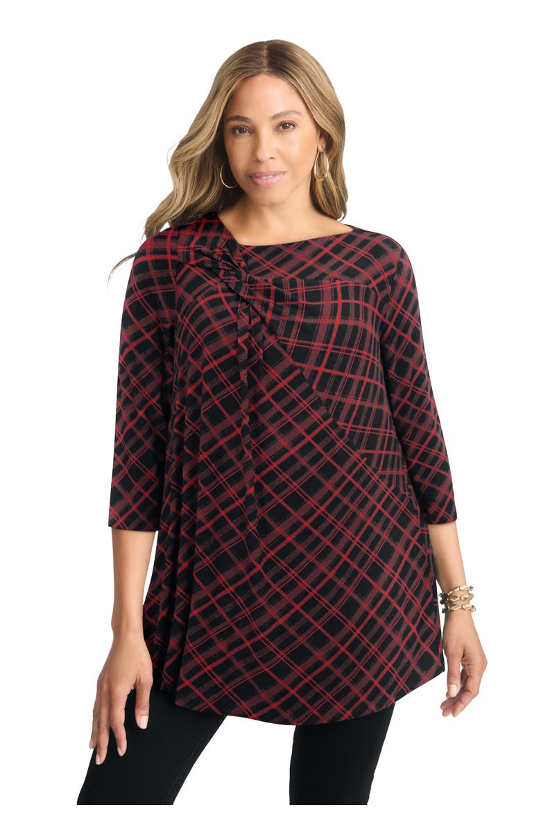 Jessica London Twist-Front Trapeze Tunic, Main, color, Black Red Plaid