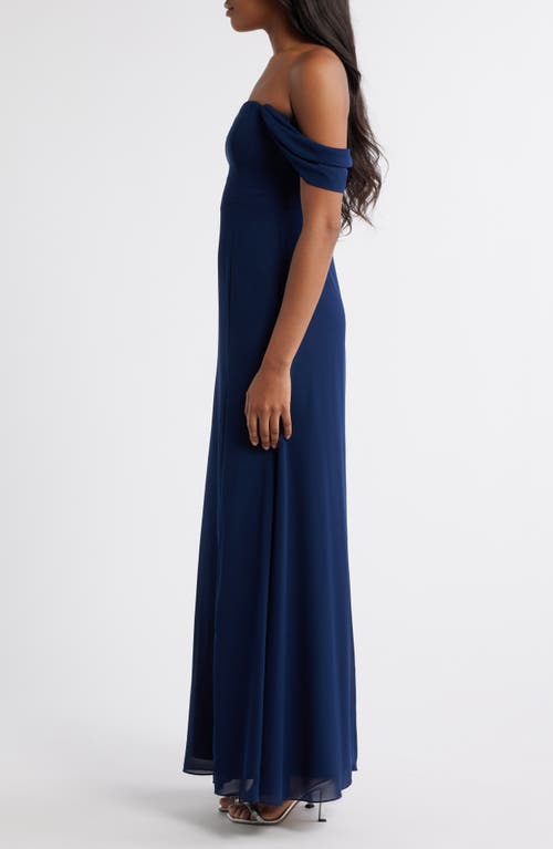 Lulus Off The Shoulder Chiffon Gown In Navy Blue