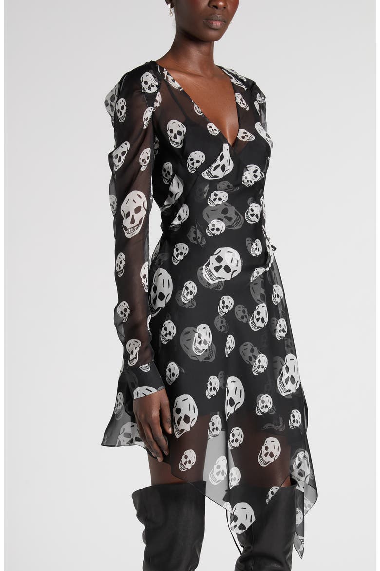 Skull Print Long Sleeve Silk Chiffon Wrap Dress, Alternate, color, BLACK - WHITE