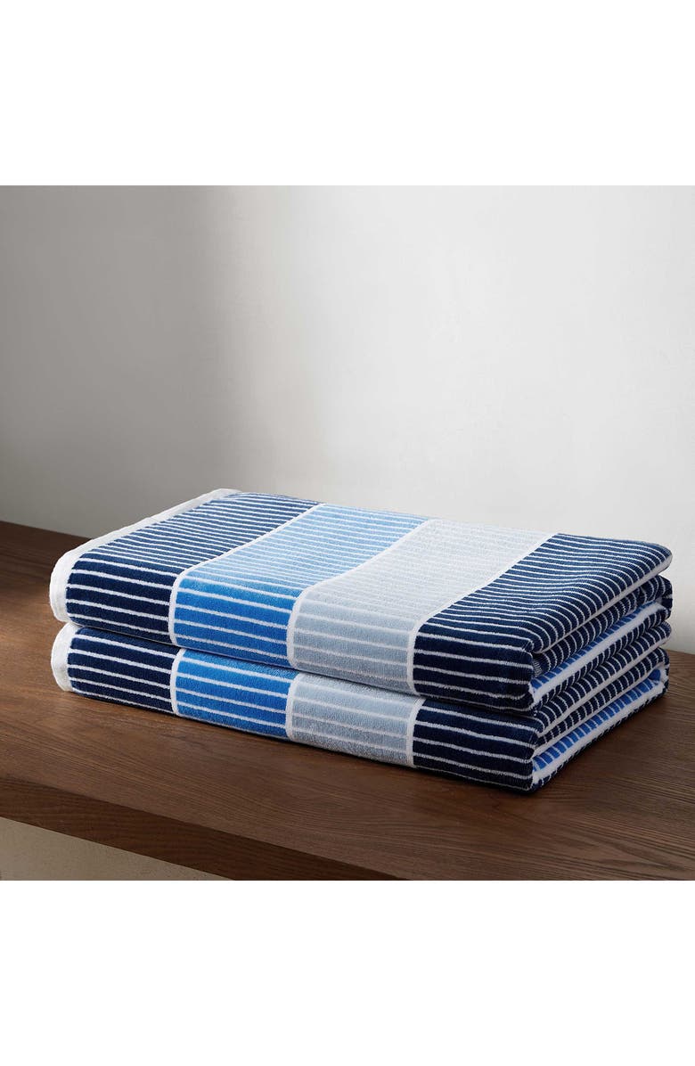 Calvin Klein Blocked Yarn Dye 2-Piece Beach Towel Set, Alternate, color, Indigo/ Marine Blue/ Blue Bell