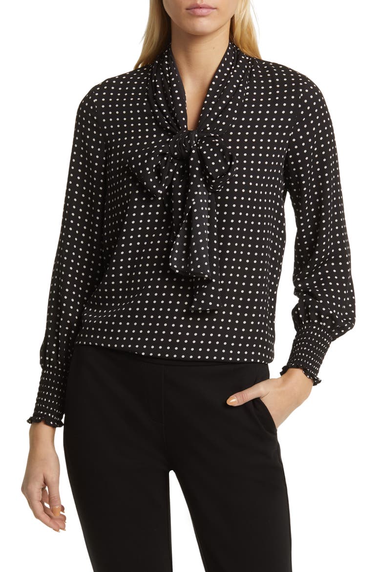 Crêpe de Chine Tie Neck Blouse, Main, color, ANNE BLACK/ ANNE WHITE