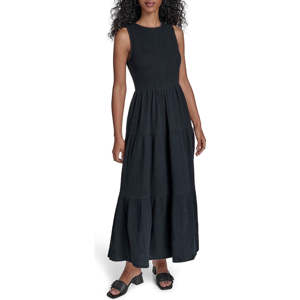 Calvin Klein Smocked Sleeveless Tiered Cotton Gauze Maxi Dress