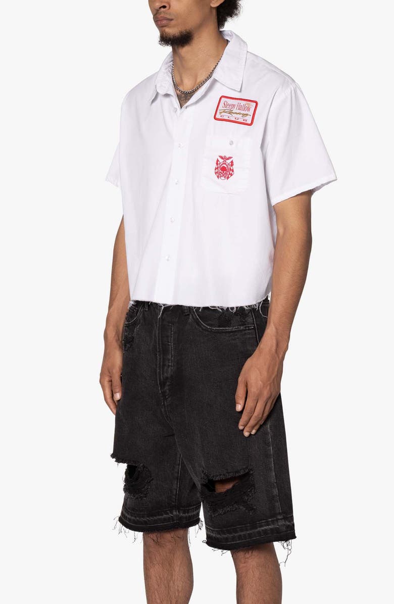 mnml SHRC Checkered Flad Short Sleeve Cotton Graphic Button-Up Shirt, Alternate, color, White