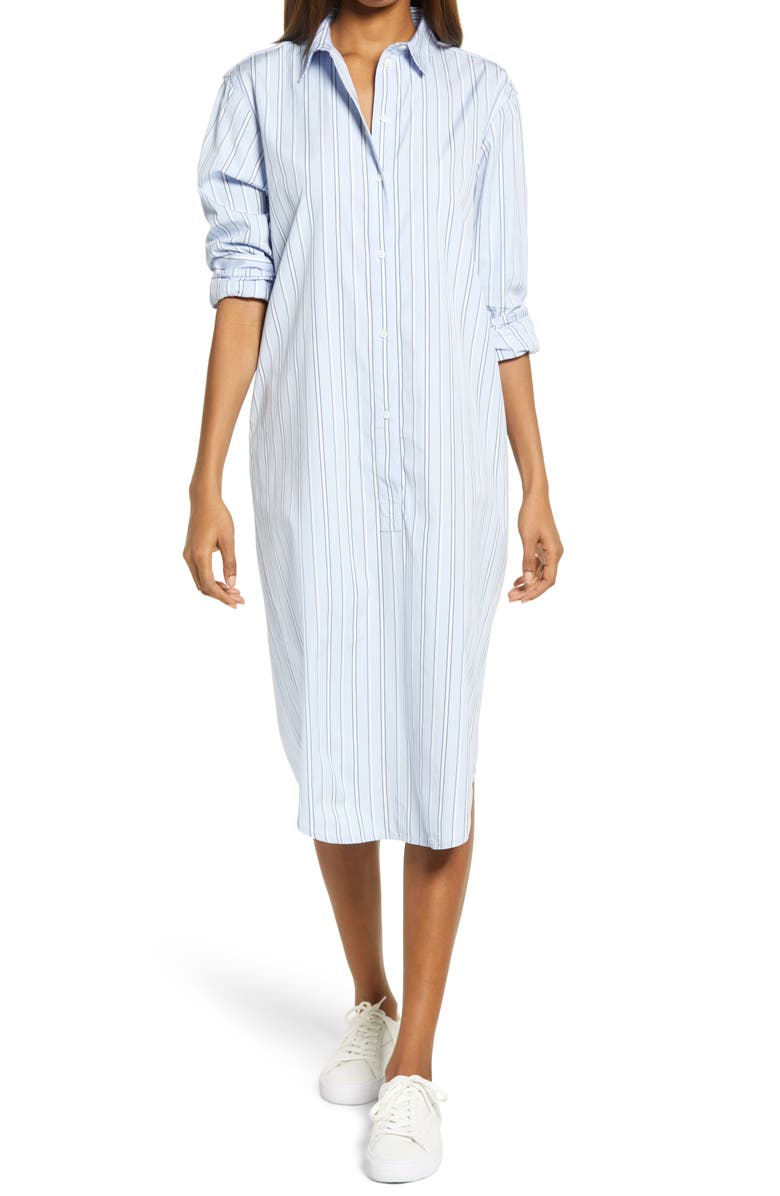 Treasure & Bond Stripe Long Sleeve Poplin Midi Shirtdress, Main, color,