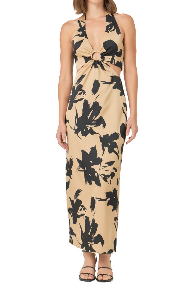 Floral Cutout O-Ring Maxi Dress, Alternate, color, BEIGE/ BLACK