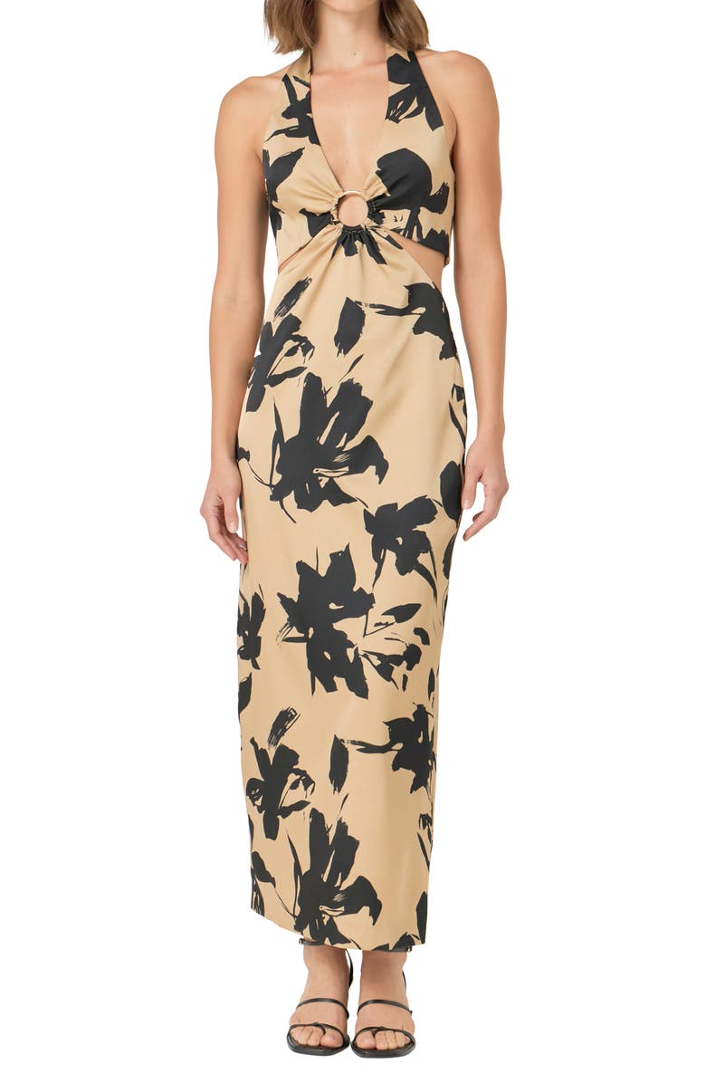 Endless Rose Floral Cutout O-Ring Maxi Dress, Alternate, color, Beige/ Black